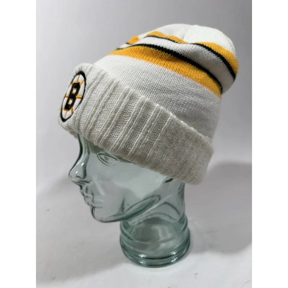 Vintage Boston Bruins Beanie White Stripe‎ NHL Hockey Streetwear Knit Cap